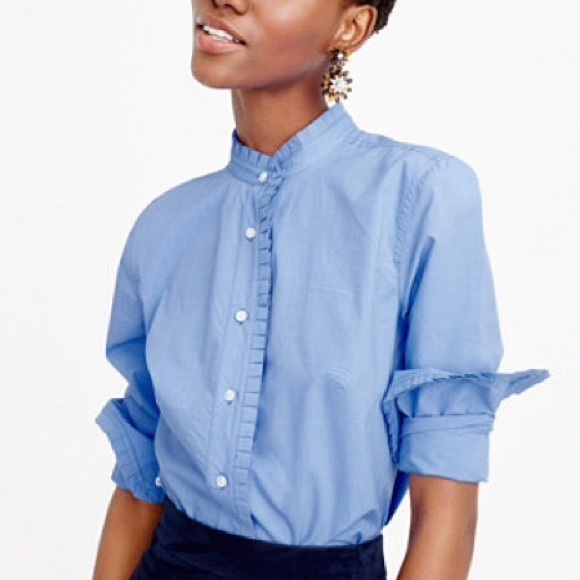 J. Crew Tops - J. Crew Blue Ruffled Button-Up Cotton Shirt 6